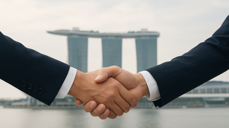 Business handshake at Marina Bay Sands, Singapore